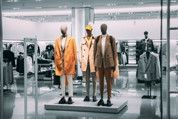 Mannequins Dressed In Men male Casual Clothes And coat jackets Clothes In Store Of Shopping Center. Stack clothes In Store Of Shopping Center. shelf display in shop mall store. Store Of Shopping