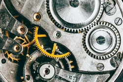 Clockwork Background. Close-Up Of Old Clock Watch Mechanism With Gears
