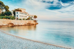 House On The French Riviera In Provence In The South Of France. Morning View Of Sea, Beach