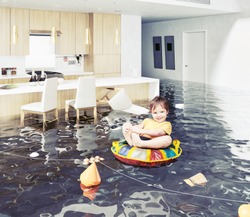 boy in the flooded room. Photo and Media elements mixed