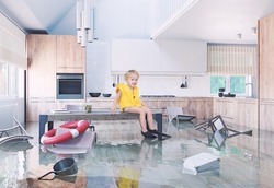 Boy playing On Table While Flooding in the kitchen. Media and photo combination creative concept illustration