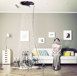 broken ceiling in the room and woman inside. Photo combination concept