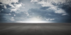 Panoramic Floor Background Scene with Blue Cloudy Sky Horizon