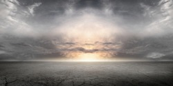 Epic Floor Background Scene and Dramatic Sky with Sunset Storm Cloud Horizon