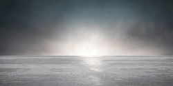 Ice and Snow Floor Background with Dramatic Sunset Sky Horizon - A Cinematic Winter Scene