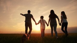 people in the park. silhouette of a big happy family on a walk with a dog at sunset in a field in nature. happy family kid dream lifestyle concept. big friendly family walk at sunset in the park