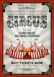 Vintage Circus Background/
Illustration of retro and vintage circus poster background, with marquee, big top, elegant titles and grunge texture for arts festival events and entertainment background