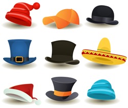 Caps, Top Hats And Other Head wear Set/ Illustration of a set of cartoon top or derby hats, baseball sport winter caps, sombreros and other head wear clothes equipment