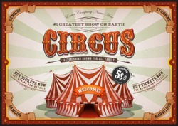 Vintage Circus Poster With Big Top/
Illustration of a vintage horizontal circus poster background, with marquee, big top, titles and grunge texture for arts festival events