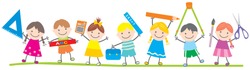 Group of school children,teaching aids, funny vector illustration