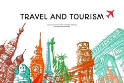 Travel to World with famous landmarks colorful hand drawn sketch style for travel poster and postcard, Vector illustration.