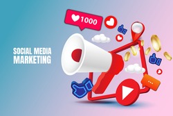megaphone with Social network marketing layout and Play button icons Video web symbols. Video content, channel, blogging, Internet, App, Analytics, Promotion.