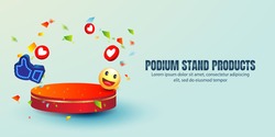 blank online shopping exhibition podium stand display with social network icons, coin, Smile face emoji emoticon icon, doodle, message and heart for Web, Internet, App, Analytics, Promotion, Marketing