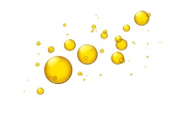 Abstract various golden yellow bubbles oil or serum isolated on white background. cosmetic or spa ingredient concept
