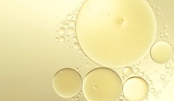 Abstract various yellow bubbles oil or serum with copy space background banner. cosmetic or spa ingredient concept