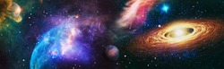 Panoramic looking into deep space. Dark night sky full of stars. The nebula in outer space. Elements of this image furnished by NASA.