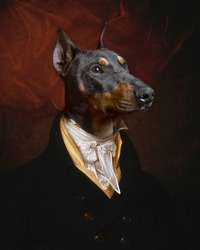 Funny photo of dog dressed in Victorian clothes as fine art painting