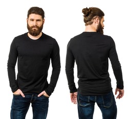 Young man with long hair and beard wearing blank black long sleeve shirt, front and back. Ready for your artwork.