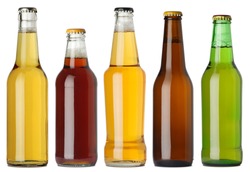 Photo of five different full beer bottles with no labels. Separate clipping path for each bottle included. Five separate photos merged together.