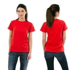 Photo of a beautiful brunette woman posing with a blank red t-shirt, ready for your artwork or design.