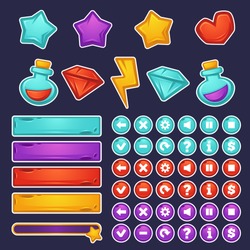 vector set of cartoon object and icons for graphical user interface to build 2D games