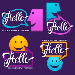 vector collection of smiling, talking, speaking, chatting and communication faces logo, icons, stickers, signs and symbols with hello word