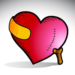 Vector illustration of a heart with scar and yellow bandage supported by a cane