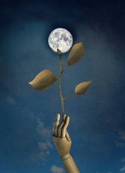 A surreal image of a wooden hand holding a stem with wooden leaves and a full moon instead of a flower in its fingers