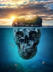Fantastic tropical island with scull rock underwater at sunset