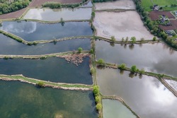 Aerial drone view of fishponds in Miedzyrzecze Gorne village in Silesia region, Poland
