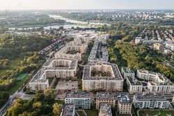 Drone aerial photo of modern residential buildings in Siekierki area of Warsaw, Poland