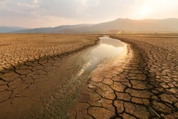 Dried lake and river on summer, Water crisis and Drouht impact case or climate change.
