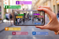 Concept of augmented reality technology being used in mobile phone for navigation and location based services