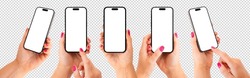 Woman holding phone in hand, screen mockups of different angles and positions
