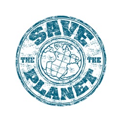 Blue grunge rubber stamp with globe symbol and the text save the planet written inside the stamp
