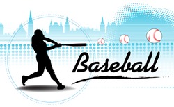 Abstract colorful background with black baseball player silhouette training and hitting some balls far away