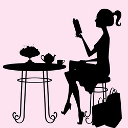 A female silhouette sitting at a table, drinking tea and reading a book after a hard day of shopping! Objects on the table, shopping bags, hair, body, table and chair are each an individual object.