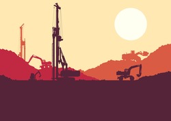 Hydraulic earth hole pile drilling machine, tractors digging at industrial construction site vector background illustration