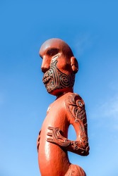 maori traditional wooden carving, marae, new zealand culture. High quality photo