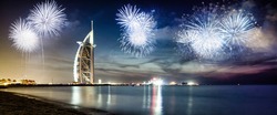 fireworks around Burj Al Arab - exotic New Year destination, Dubai, UAE