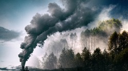 factory smoke covering green forest double exposure global warming climate change
