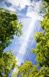 green city - double exposure of lush green forest and modern skyscrapers windows	