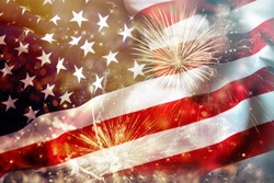 Celebrating Independence Day. United States of America USA flag with fireworks background for 4th of July