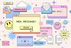 New message notification web banner template in retro computer browser interface style. 90s style design for mail marketing. Window tab with new message, vintage browser dialog tab and smile stickers.