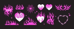y2k gothic flame tattoo stickers. Retro psychedelic love art. Vector illustration of hand drawn elements, barbed wire, fire, butterfly, heart. Aesthetic nostalgic 2000s goth girly icons.
