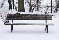 snow covered park bench