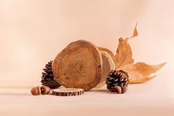 Set of wooden podiums, decor  and autumn leaves against beige background. Fall Seasonal Background 