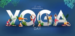 illustration of woman doing asana and meditation practice for International Yoga Day on 21st June