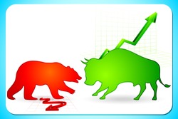 illustration of bull and bear on graph showing bullish and bearish market