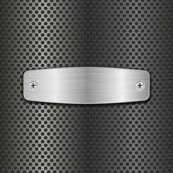 Steel plate with screws on metal perforated background. Vector 3d illustration